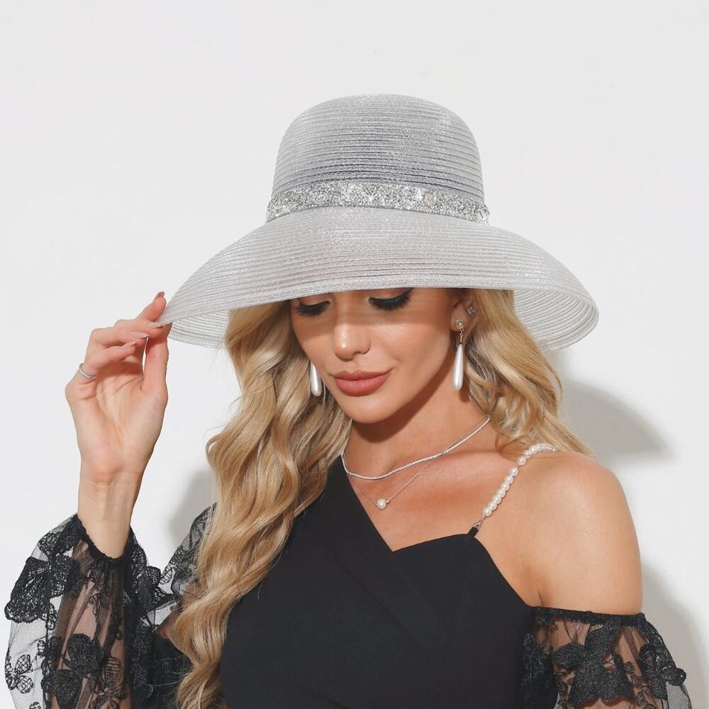 Silver Wide Brim Glitter Rhinestone Special Occasion Sun Hat